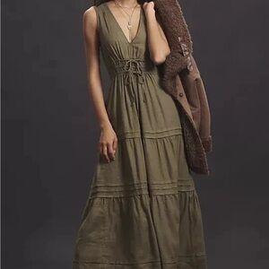 Anthropologie The Somerset Maxi Dress Linen Ties Sleeveless Tiered Green 1X
